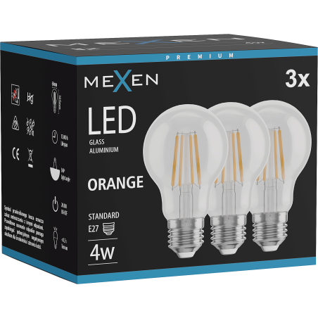 Mexen Vintis 3x Žárovka filament LED E27, A60, 4W, 55 lm, oranžová - L150-E27-04XX-48x03
