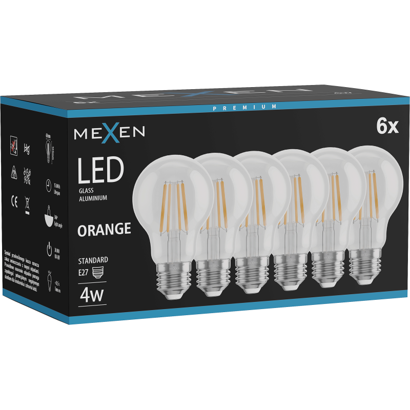 Mexen Vintis 6x žárovka filament LED E27, A60, 4W, 55 lm, oranžová - L150-E27-04XX-48x06