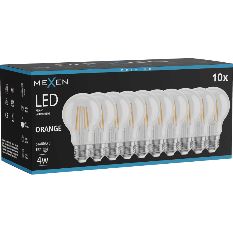 Mexen Vintis 10x žárovka filament LED E27, A60, 4W, 55 lm, oranžová - L150-E27-04XX-48x10
