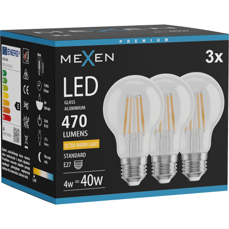 Mexen Vintis 3x LED filamentová žárovka E27, A60, 4W, Teplá - 2200K, 470 lm, čirá - L150-E27-0422-00x03