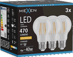 Mexen Vintis 3x LED filamentová žárovka E27, A60, 4W, Teplá - 2200K, 470 lm, čirá - L150-E27-0422-00x03