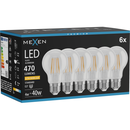 Mexen Vintis 6x žárovka filament LED E27, A60, 4W, Teplá - 2200K, 470 lm, čirá - L150-E27-0422-00x06