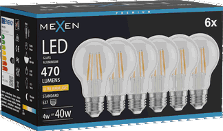 Mexen Vintis 6x žárovka filament LED E27, A60, 4W, Teplá - 2200K, 470 lm, čirá - L150-E27-0422-00x06