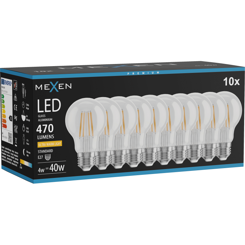 Mexen Vintis 10x žárovka filament LED E27, A60, 4W, Teplá - 2200K, 470 lm, čirá - L150-E27-0422-00x10