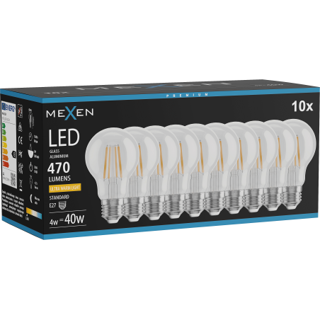 Mexen Vintis 10x žárovka filament LED E27, A60, 4W, Teplá - 2200K, 470 lm, čirá - L150-E27-0422-00x10