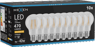 Mexen Vintis 10x žárovka filament LED E27, A60, 4W, Teplá - 2200K, 470 lm, čirá - L150-E27-0422-00x10