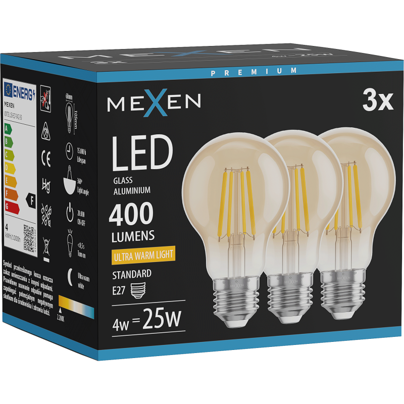 Mexen Vintis 3x žárovka filament LED E27, A60, 4W, Teplá - 2200K, 400 lm, amber - L150-E27-0422-50x03