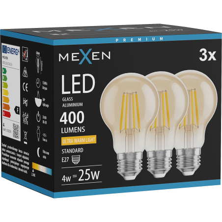 Mexen Vintis 3x žárovka filament LED E27, A60, 4W, Teplá - 2200K, 400 lm, amber - L150-E27-0422-50x03