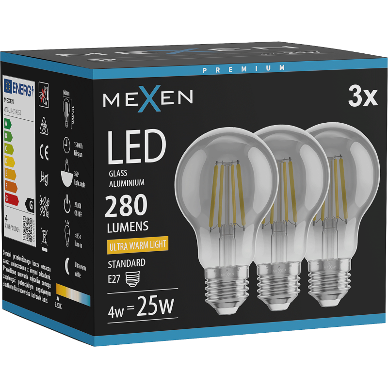 Mexen Vintis 3x žárovka filament LED E27, A60, 4W, Teplá - 2200K, 280 lm, smoke - L150-E27-0422-70x03