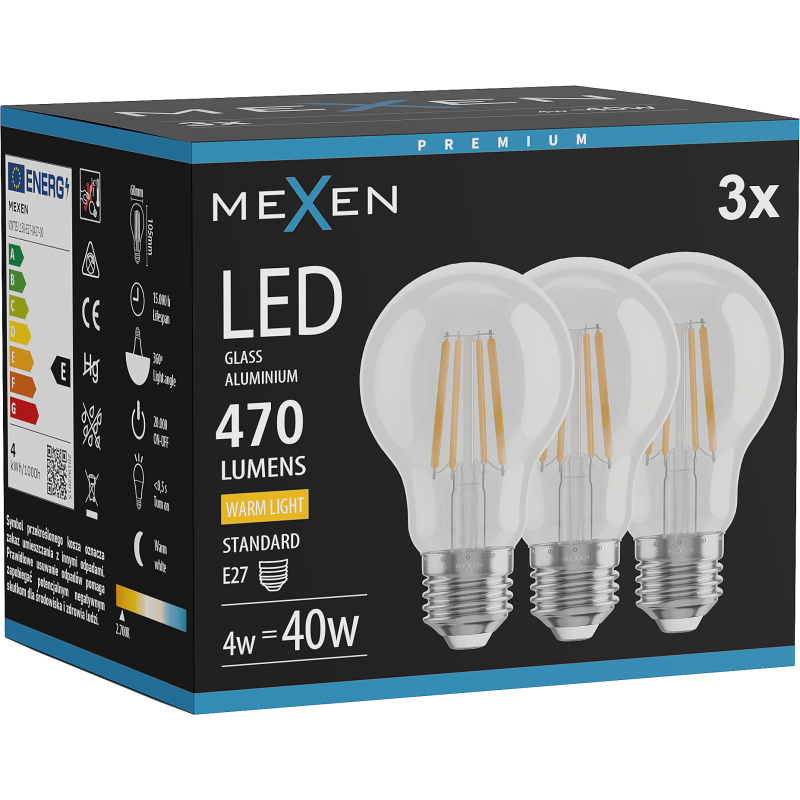Mexen Vintis 3x LED filamentová žárovka E27, A60, 4W, Teplá - 2700K, 470 lm, čirá - L150-E27-0427-00x03