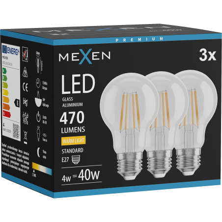 Mexen Vintis 3x LED filamentová žárovka E27, A60, 4W, Teplá - 2700K, 470 lm, čirá - L150-E27-0427-00x03