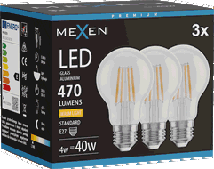 Mexen Vintis 3x LED filamentová žárovka E27, A60, 4W, Teplá - 2700K, 470 lm, čirá - L150-E27-0427-00x03