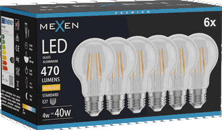 Mexen Vintis 6x Žárovka filament LED E27, A60, 4W, Teplá - 2700K, 470 lm, čirá - L150-E27-0427-00x06