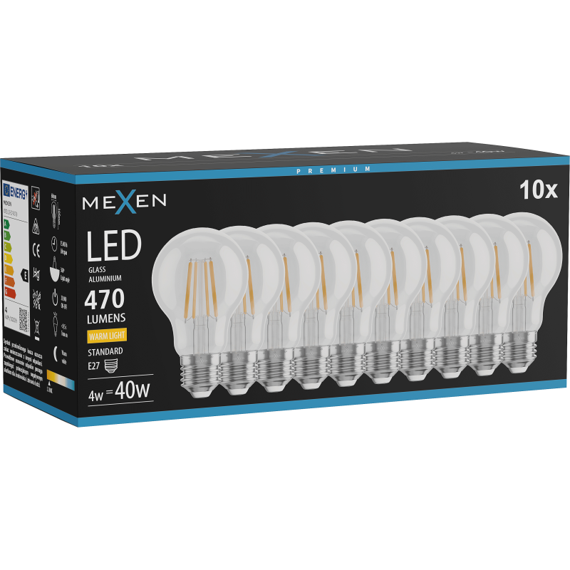Mexen Vintis 10x žárovka filament LED E27, A60, 4W, Teplá - 2700K, 470 lm, čirá - L150-E27-0427-00x10