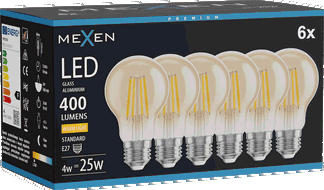 Mexen Vintis 6x LED vlákno žárovka E27, A60, 4W, Teplá - 2700K, 400 lm, jantarová - L150-E27-0427-50x06