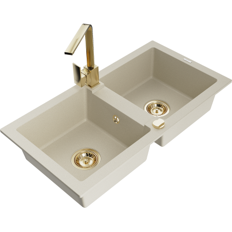 Mexen Mario granitový dřez 2-komorový s kuchyňskou baterií Rita, béžový - 6504-69-670300-50