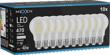 Mexen Vintis 10x žárovka filament LED E27, A60, 4W, Neutrální - 4000K, 470 lm, čirá - L150-E27-0440-00x10