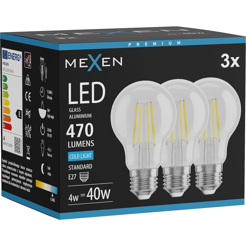 Mexen Vintis 3x žárovka filament LED E27, A60, 4W, Studená - 6500K, 470 lm, čirá - L150-E27-0465-00x03