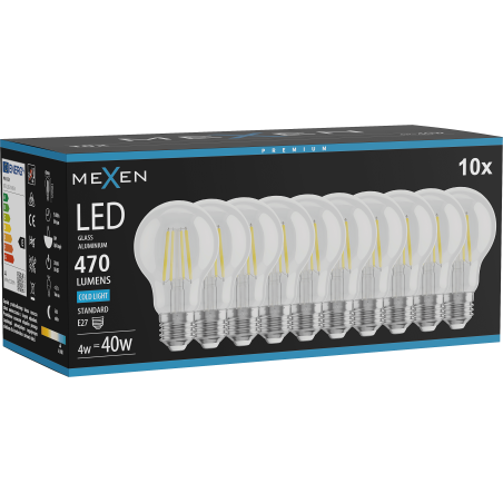 Mexen Vintis 10x žárovka filament LED E27, A60, 4W, Studená - 6500K, 470 lm, čirá - L150-E27-0465-00x10