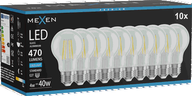 Mexen Vintis 10x žárovka filament LED E27, A60, 4W, Studená - 6500K, 470 lm, čirá - L150-E27-0465-00x10