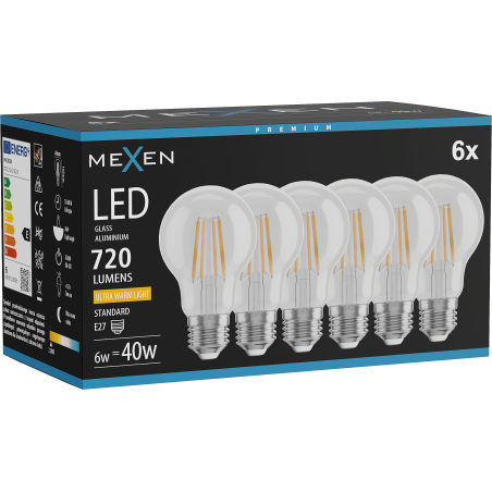 Mexen Vintis 6x Žárovka filament LED E27, A60, 6W, Teplá - 2200K, 720 lm, čirá - L150-E27-0622-00x06