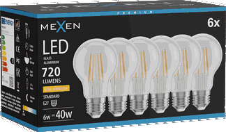 Mexen Vintis 6x Žárovka filament LED E27, A60, 6W, Teplá - 2200K, 720 lm, čirá - L150-E27-0622-00x06