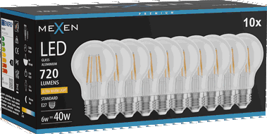 Mexen Vintis 10x žárovka filament LED E27, A60, 6W, Teplá - 2200K, 720 lm, čirá - L150-E27-0622-00x10