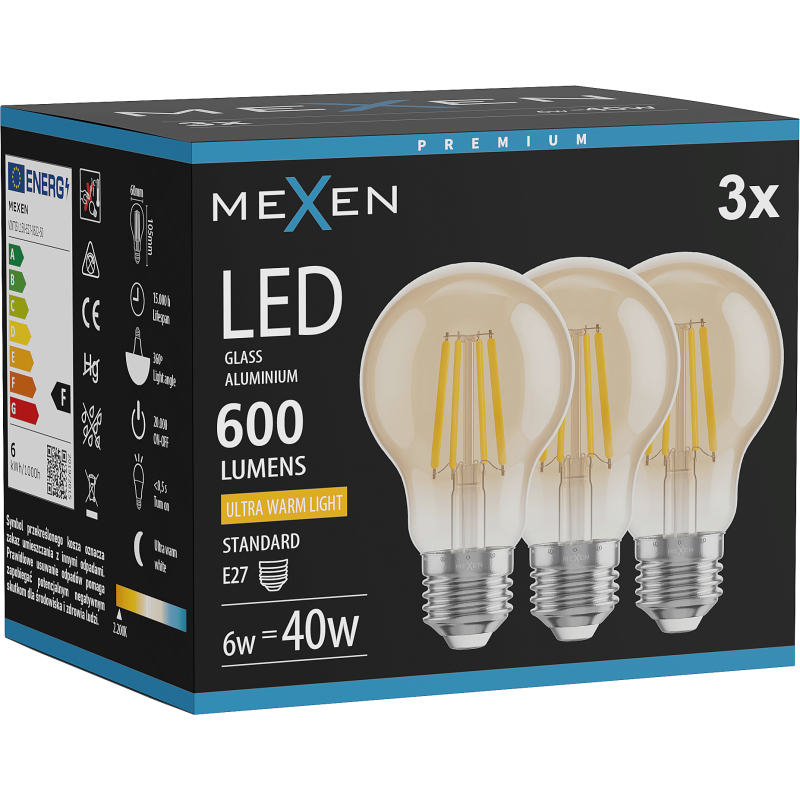 Mexen Vintis 3x Žárovka filament LED E27, A60, 6W, Teplá - 2200K, 600 lm, jantarová - L150-E27-0622-50x03