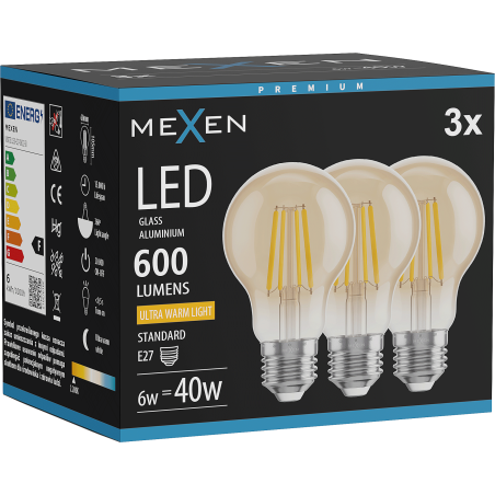 Mexen Vintis 3x Žárovka filament LED E27, A60, 6W, Teplá - 2200K, 600 lm, jantarová - L150-E27-0622-50x03