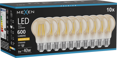 Mexen Vintis 10x Žárovka filament LED E27, A60, 6W, Teplá - 2200K, 600 lm, jantarová - L150-E27-0622-50x10