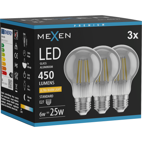 Mexen Vintis 3x LED filamentová žárovka E27, A60, 6W, Teplá - 2200K, 450 lm, kouřová - L150-E27-0622-70x03
