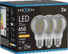 Mexen Vintis 3x LED filamentová žárovka E27, A60, 6W, Teplá - 2200K, 450 lm, kouřová - L150-E27-0622-70x03