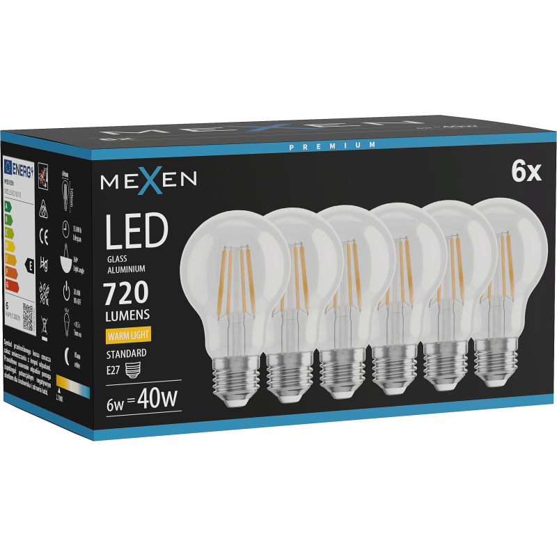 Mexen Vintis 6x Žárovka filament LED E27, A60, 6W, Teplá - 2700K, 720 lm, čirá - L150-E27-0627-00x06