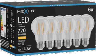 Mexen Vintis 6x Žárovka filament LED E27, A60, 6W, Teplá - 2700K, 720 lm, čirá - L150-E27-0627-00x06