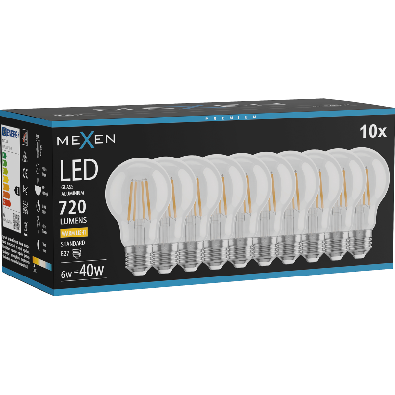 Mexen Vintis 10x žárovka filament LED E27, A60, 6W, Teplá - 2700K, 720 lm, čirá - L150-E27-0627-00x10