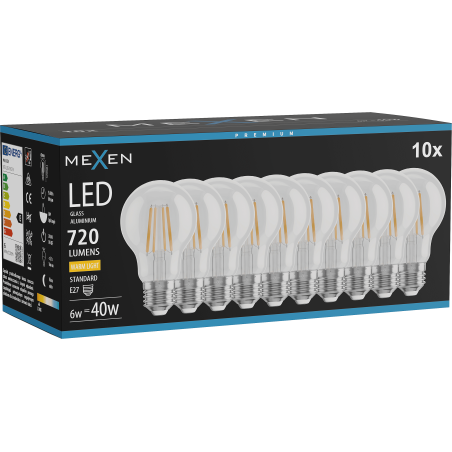 Mexen Vintis 10x žárovka filament LED E27, A60, 6W, Teplá - 2700K, 720 lm, čirá - L150-E27-0627-00x10