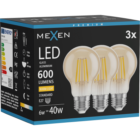 Mexen Vintis 3x žárovka filament LED E27, A60, 6W, Teplá - 2700K, 600 lm, jantarová - L150-E27-0627-50x03