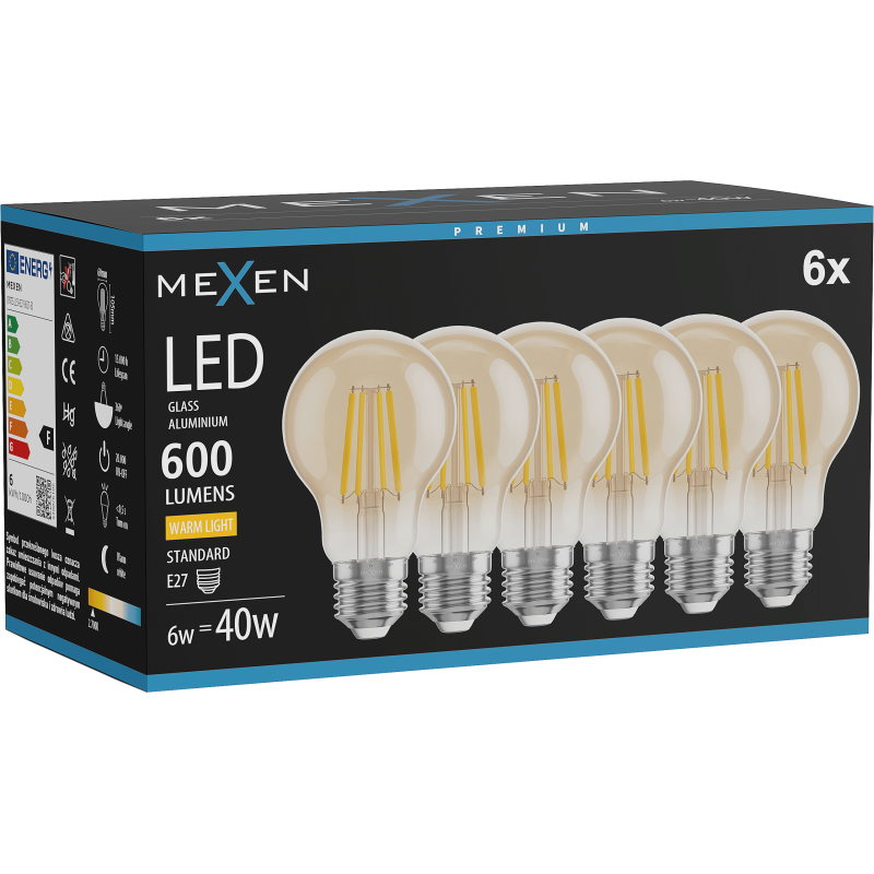 Mexen Vintis 6x Žárovka filament LED E27, A60, 6W, Teplá - 2700K, 600 lm, jantarová - L150-E27-0627-50x06