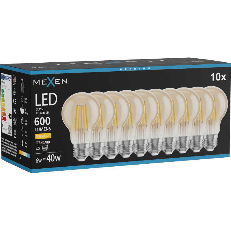 Mexen Vintis 10x žárovka filament LED E27, A60, 6W, Teplá - 2700K, 600 lm, jantarová - L150-E27-0627-50x10