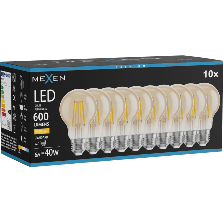 Mexen Vintis 10x žárovka filament LED E27, A60, 6W, Teplá - 2700K, 600 lm, jantarová - L150-E27-0627-50x10