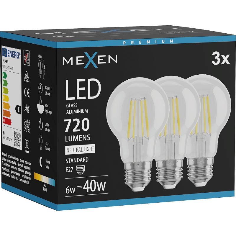 Mexen Vintis 3x Žárovka filament LED E27, A60, 6W, Neutrální - 4000K, 720 lm, čirá - L150-E27-0640-00x03