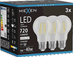 Mexen Vintis 3x Žárovka filament LED E27, A60, 6W, Neutrální - 4000K, 720 lm, čirá - L150-E27-0640-00x03