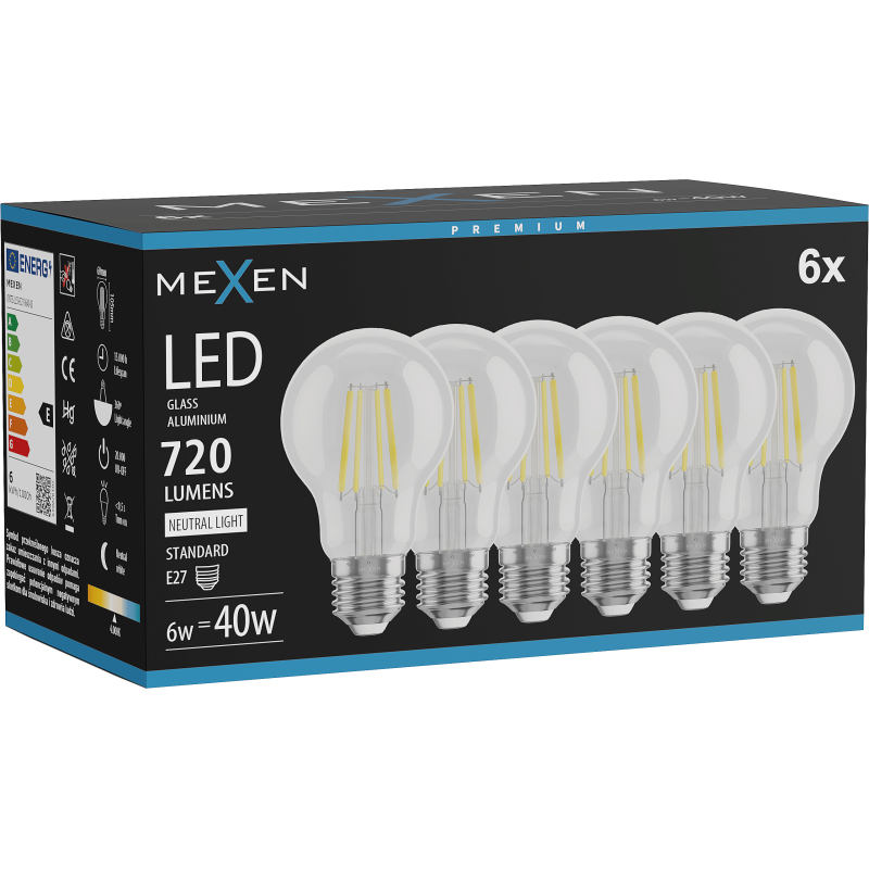 Mexen Vintis 6x LED vláknová žárovka E27, A60, 6W, Neutrální - 4000K, 720 lm, čistá - L150-E27-0640-00x06