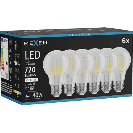 Mexen Vintis 6x LED vláknová žárovka E27, A60, 6W, Neutrální - 4000K, 720 lm, čistá - L150-E27-0640-00x06