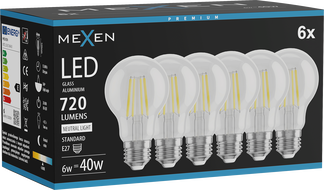 Mexen Vintis 6x LED vláknová žárovka E27, A60, 6W, Neutrální - 4000K, 720 lm, čistá - L150-E27-0640-00x06