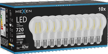 Mexen Vintis 10x LED žárovka s vláknem E27, A60, 6W, Neutrální - 4000K, 720 lm, čirá - L150-E27-0640-00x10