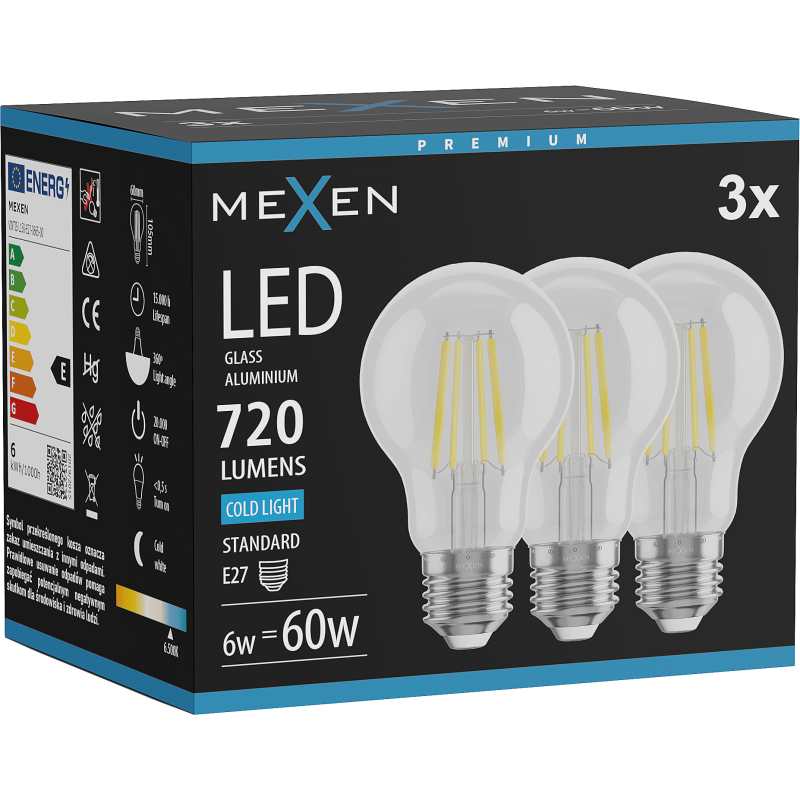 Mexen Vintis 3x žárovka filament LED E27, A60, 6W, Studená - 6500K, 720 lm, čirá - L150-E27-0665-00x03