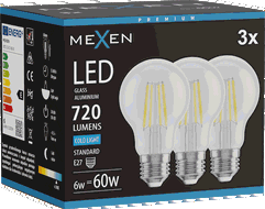 Mexen Vintis 3x žárovka filament LED E27, A60, 6W, Studená - 6500K, 720 lm, čirá - L150-E27-0665-00x03
