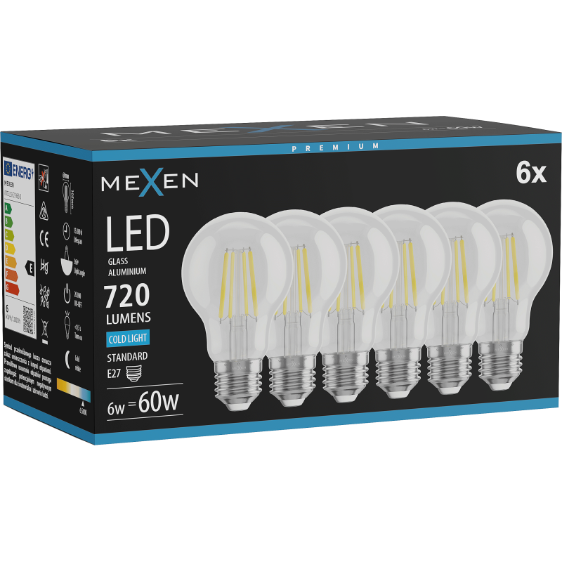 Mexen Vintis 6x LED filamentová žárovka E27, A60, 6W, Studená - 6500K, 720 lm, čirá - L150-E27-0665-00x06