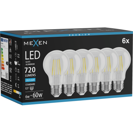Mexen Vintis 6x LED filamentová žárovka E27, A60, 6W, Studená - 6500K, 720 lm, čirá - L150-E27-0665-00x06